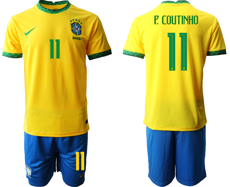Men 2020-2021 Season National team Brazil home yellow #11 Soccer Jersey